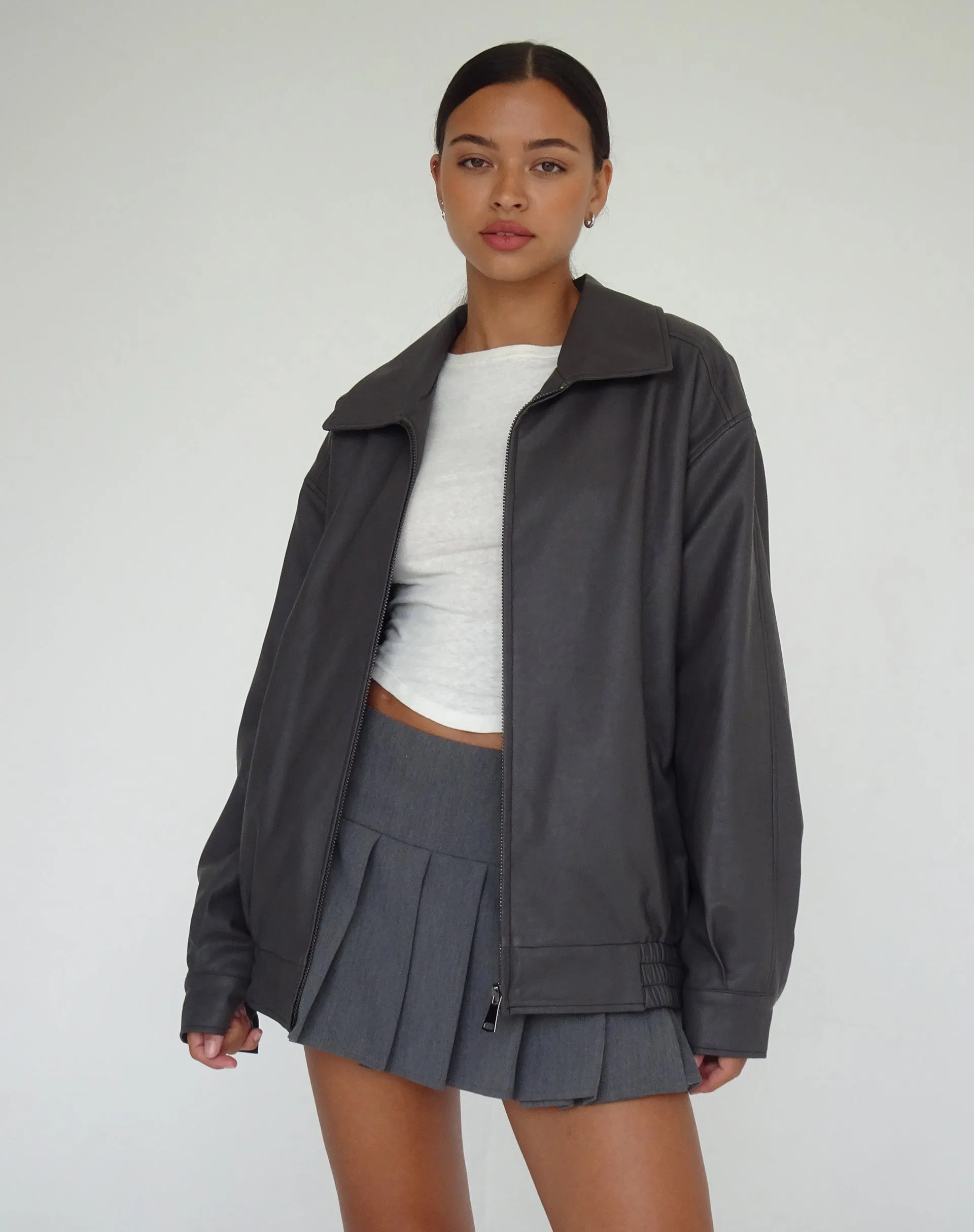 Cavita PU Jacket in Grey with Black Top Stitch