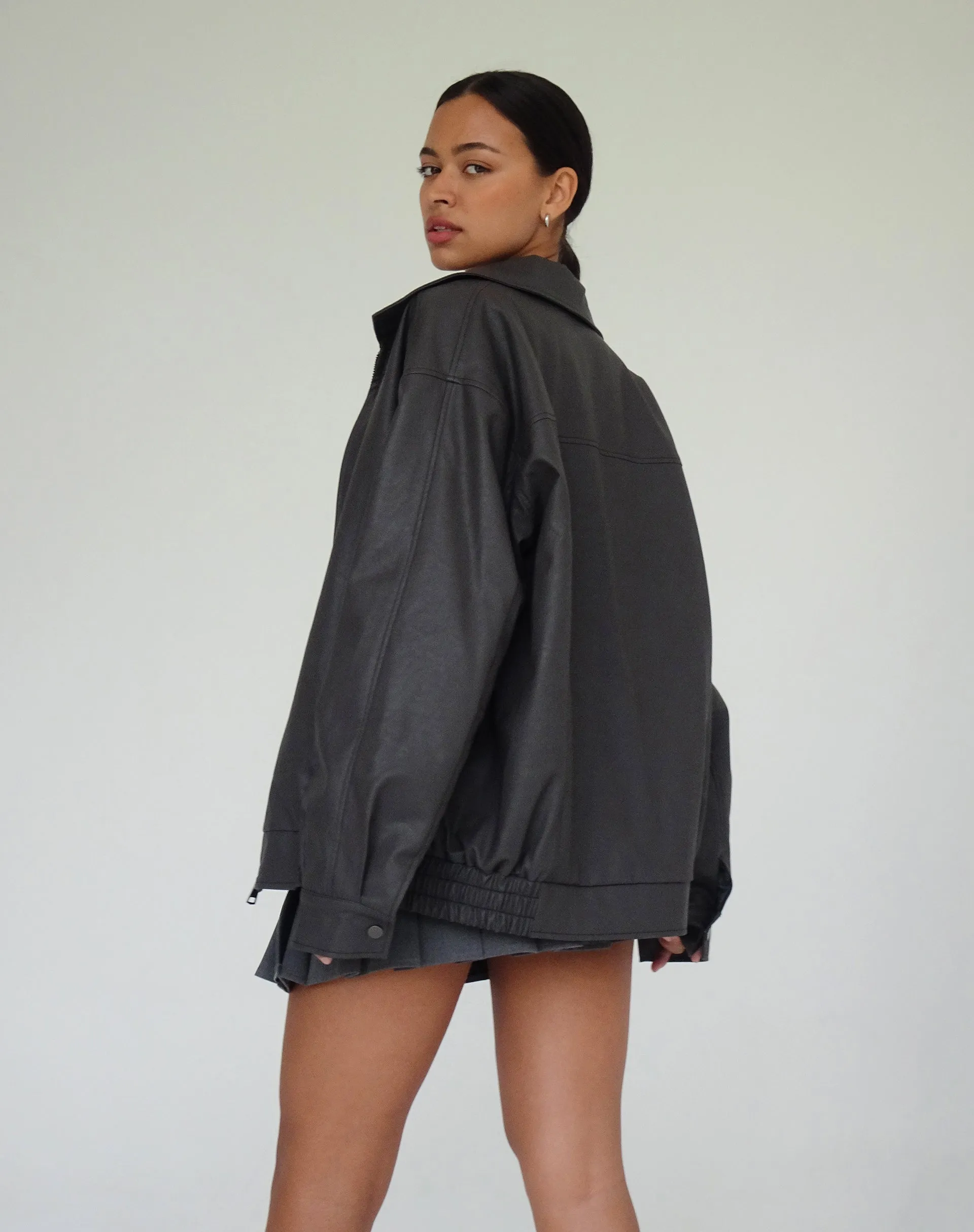 Cavita PU Jacket in Grey with Black Top Stitch