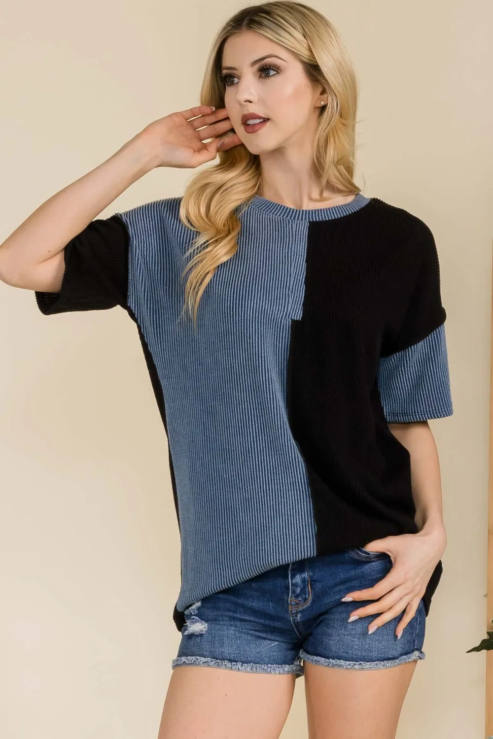 Celeste Full Size Ribbed Color Block Short Sleeve T-Shirt