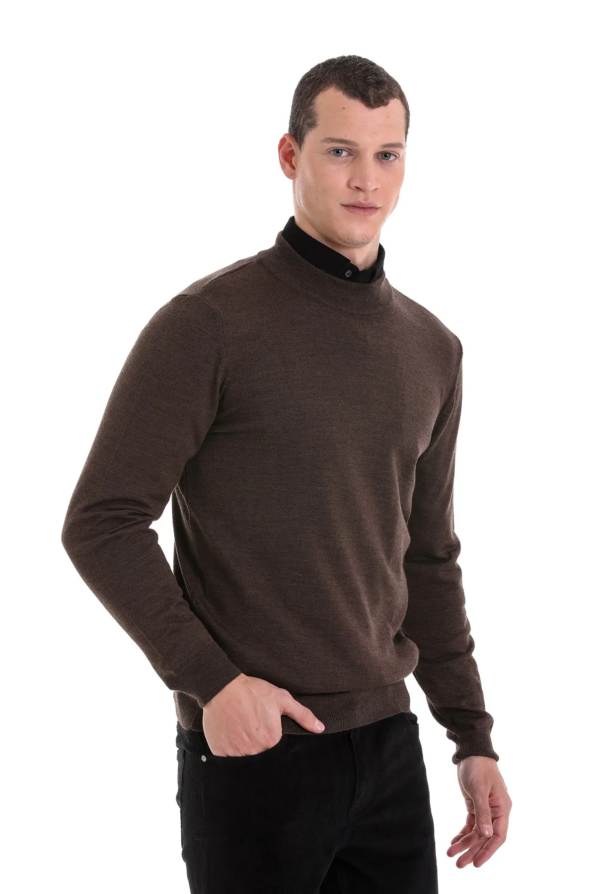 Comfort Fit Wool Blend Brown Mock Neck Sweater