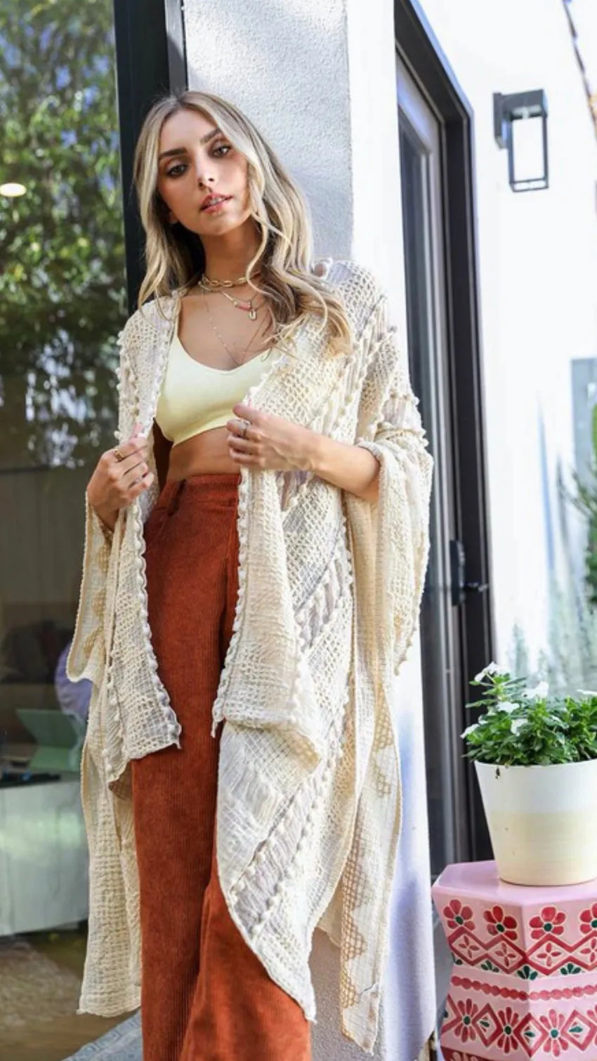 Cora Embroidered Flowy Kimono- Cream