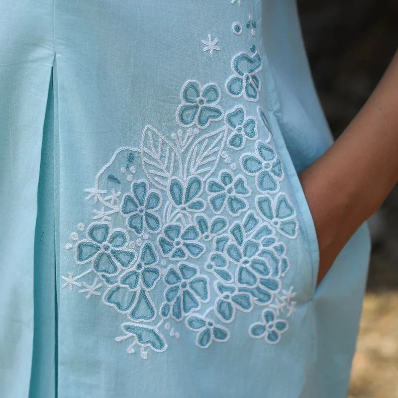 Cotton Sleeveless Midi Dress | Blue | Hand Embroidered