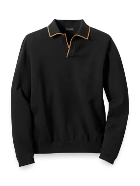 Cotton V-Neck Polo Sweater - Black