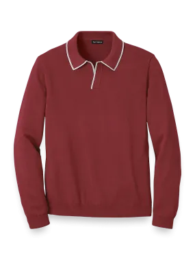 Cotton V-Neck Polo Sweater - Burgundy