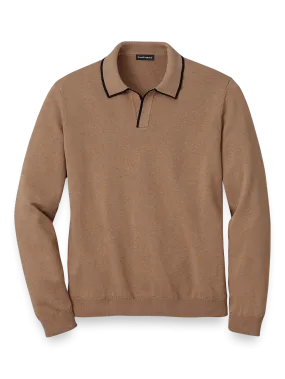 Cotton V-Neck Polo Sweater - Camel