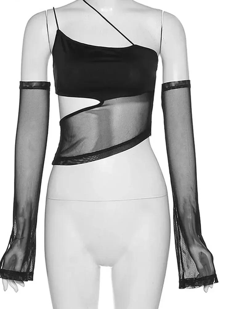 Cut Out Mesh Crop Top with Sleeves Fairy Grunge  Clothes Transparent Camisole Tank Tops