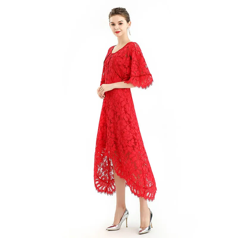 D078-5 Women floral lace cape sleeve flared asymmetric hem midi evening dress