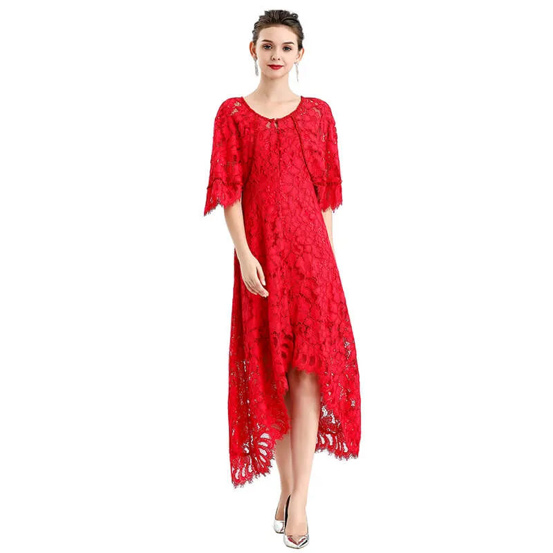 D078-5 Women floral lace cape sleeve flared asymmetric hem midi evening dress