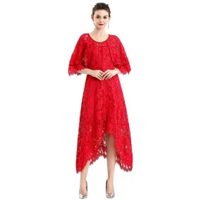 D078-5 Women floral lace cape sleeve flared asymmetric hem midi evening dress