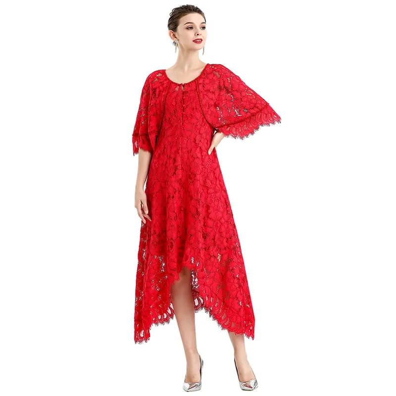 D078-5 Women floral lace cape sleeve flared asymmetric hem midi evening dress