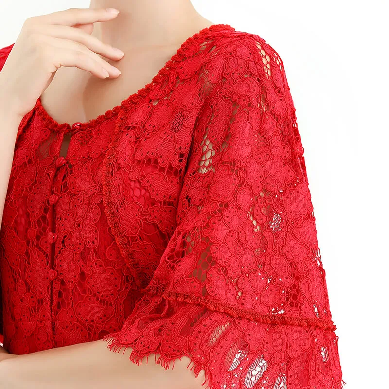 D078-5 Women floral lace cape sleeve flared asymmetric hem midi evening dress