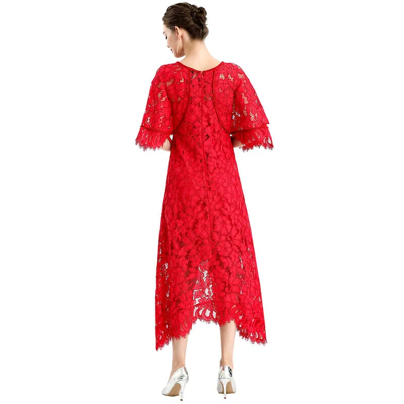 D078-5 Women floral lace cape sleeve flared asymmetric hem midi evening dress