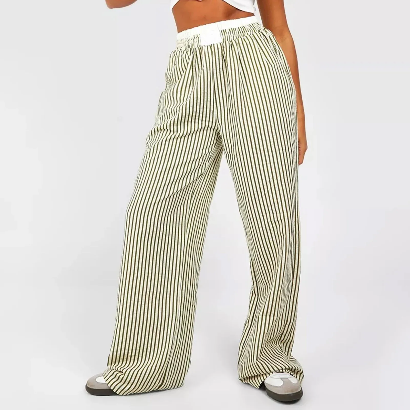 Fashion Stripes Elastic Waist Straight Wide Leg Casual Loose Fit Going Out Pants