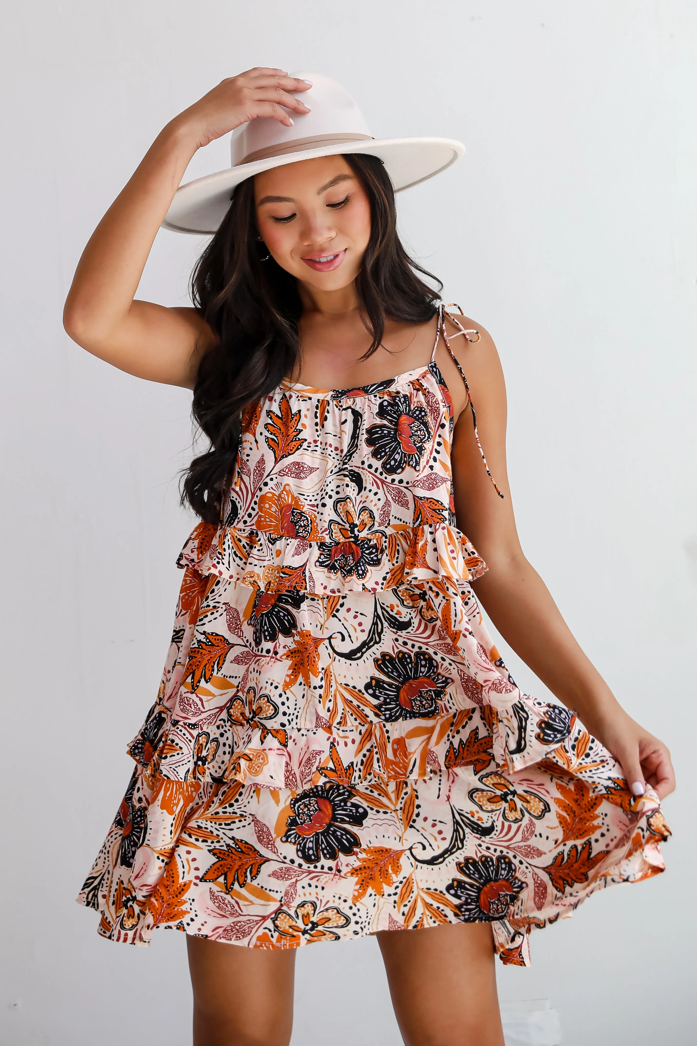 FINAL SALE - Stellar Poise Brown Floral Tiered Mini Dress