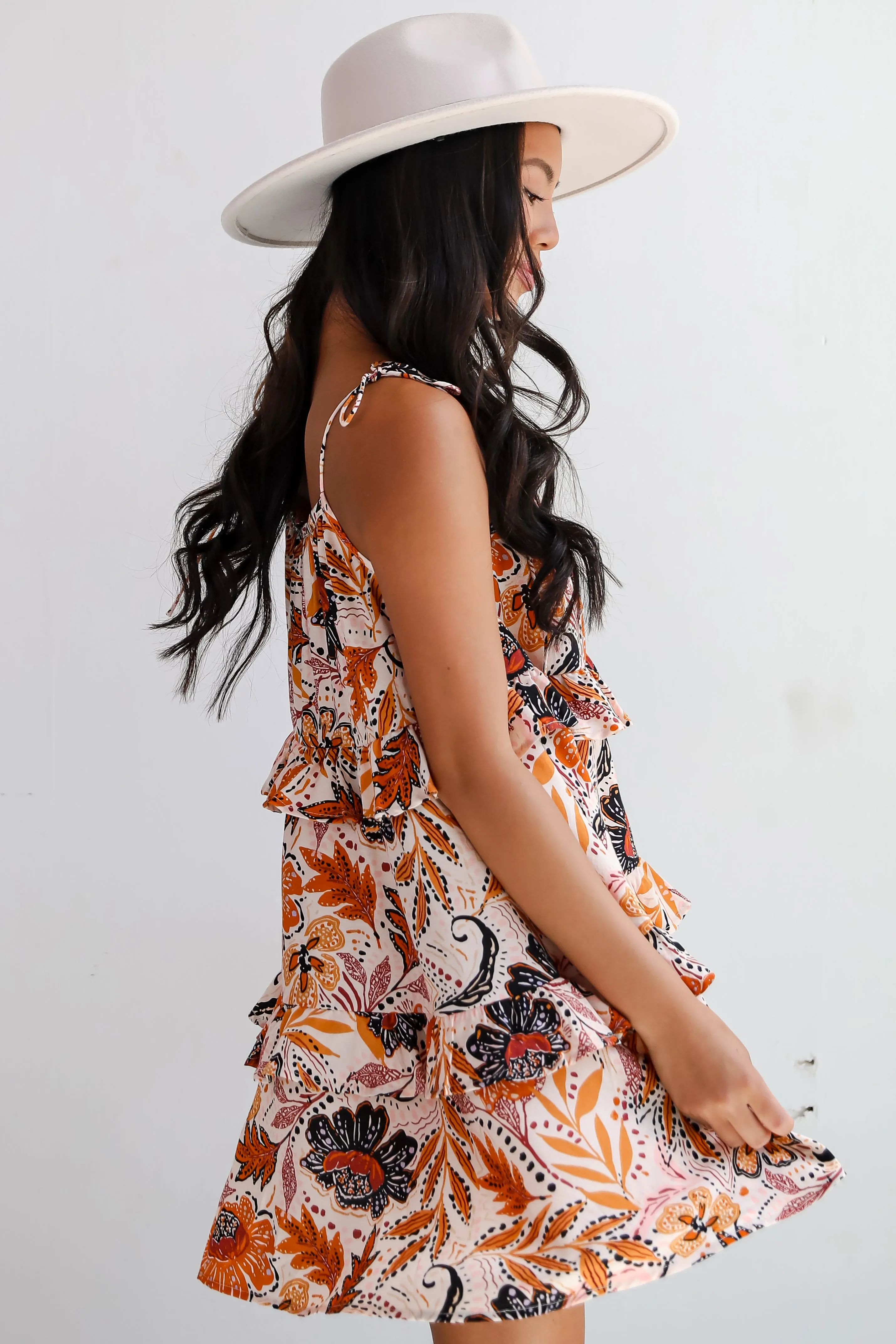 FINAL SALE - Stellar Poise Brown Floral Tiered Mini Dress