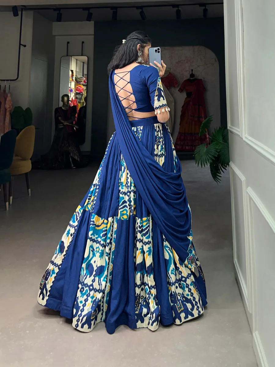 Firozi Rayon Printed Silk Lehenga Choli with Gota Patti & Cowrie Detailing