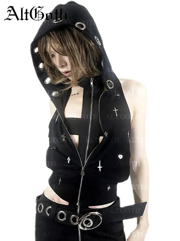 Flytonn Streetwear Gothic Dark Vest Women Harajuku Y2k E-girl Cyberpunk Cross Hooded Crop Tank Top Emo Alt Grunge Outfits Female