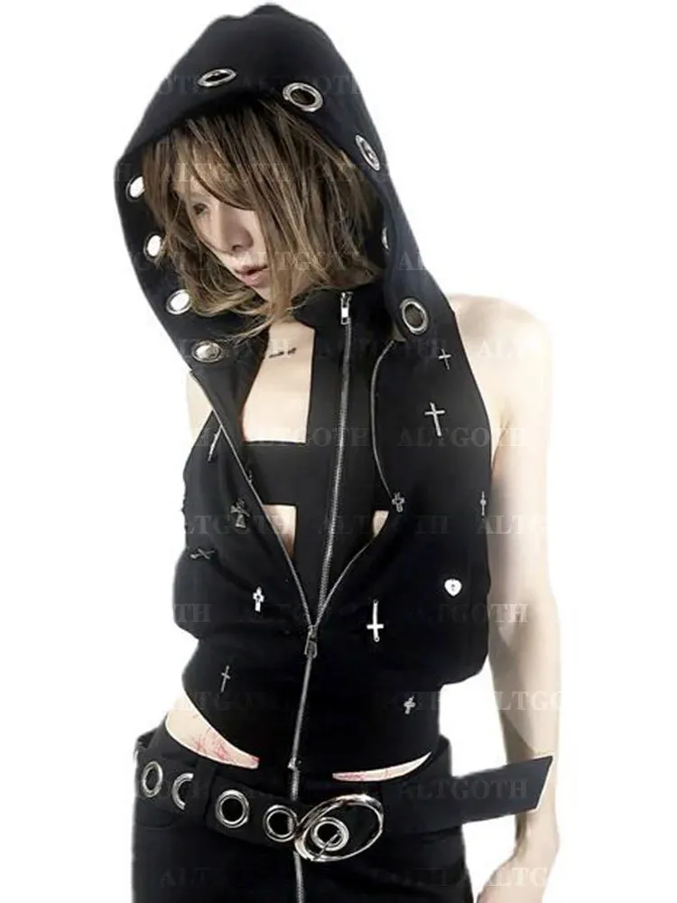 Flytonn Streetwear Gothic Dark Vest Women Harajuku Y2k E-girl Cyberpunk Cross Hooded Crop Tank Top Emo Alt Grunge Outfits Female