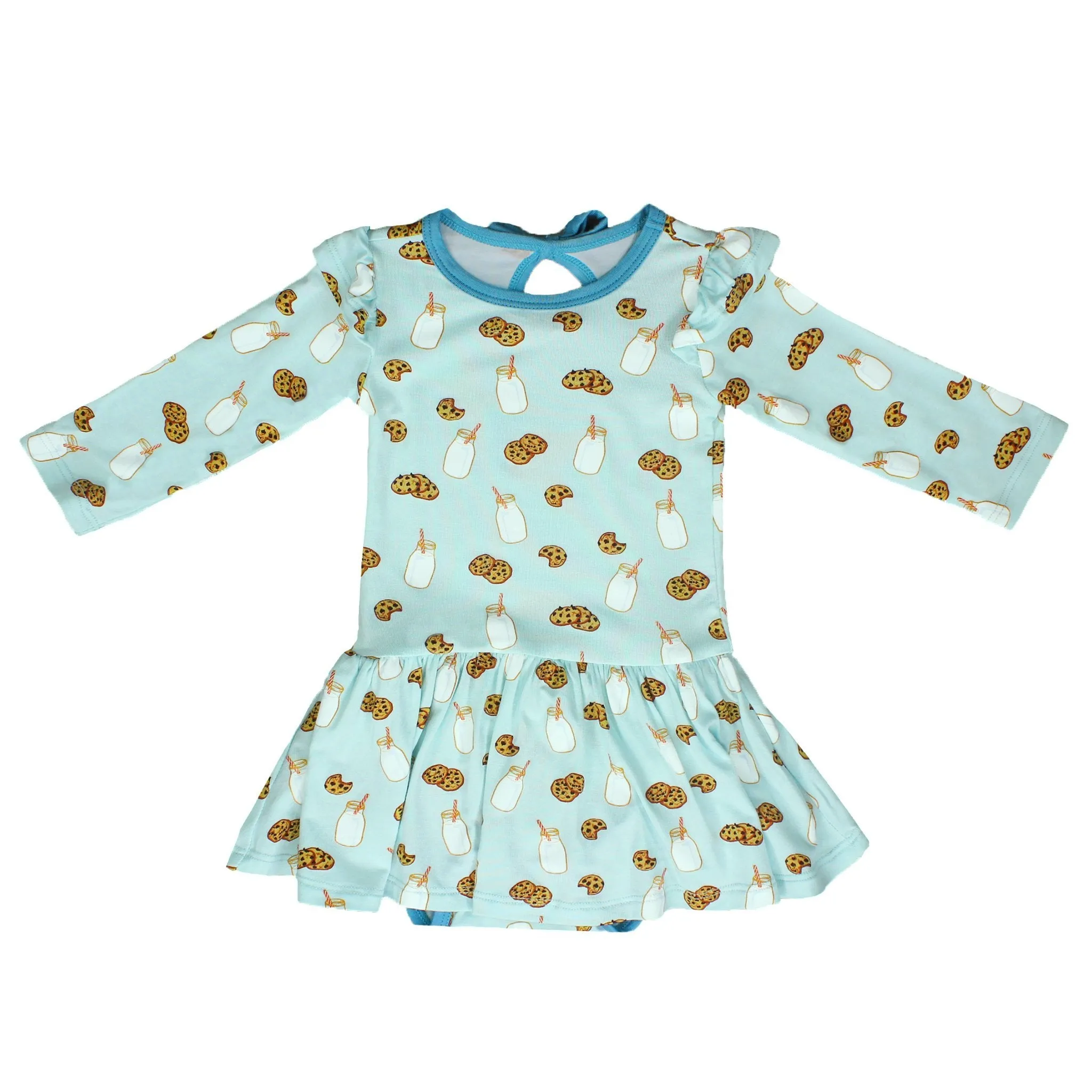 Frosted Blue Milk & Cookies Long Sleeve Twirling Bodysuit Dress (3-24m)