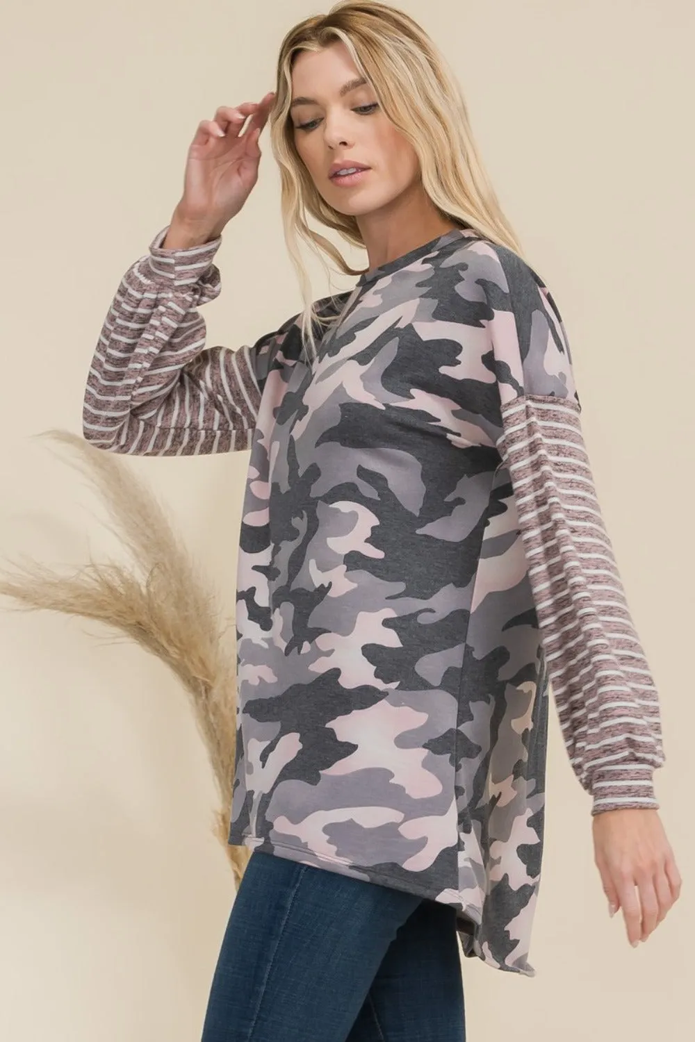 Full Size Camo Print High-Low T-Shirt with Stripe Sleeves