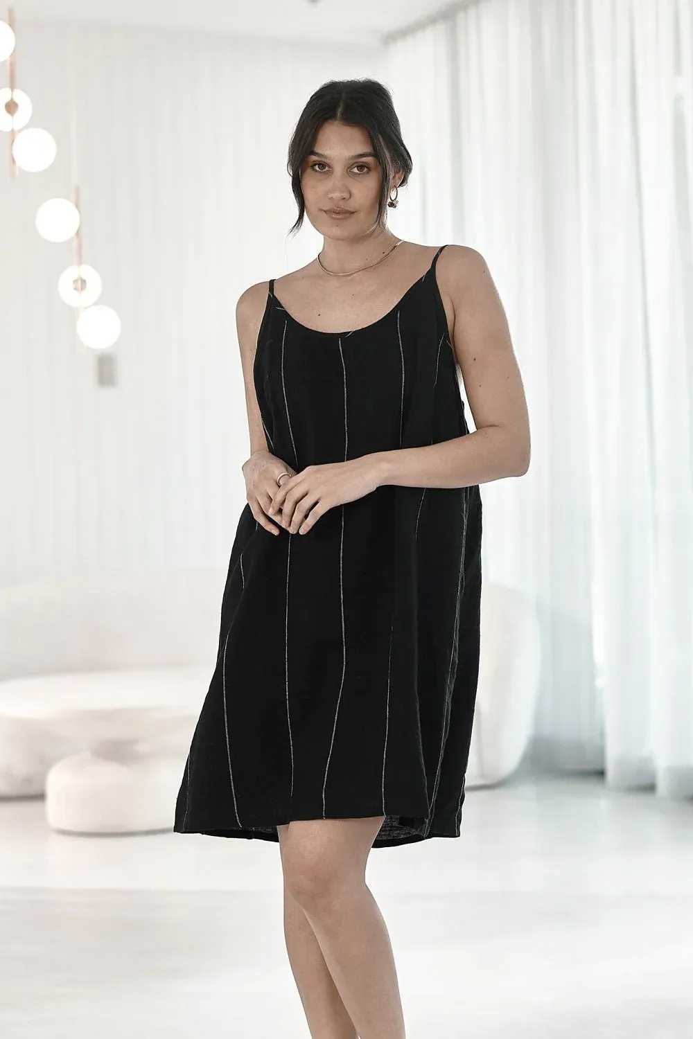 Fundamental Linen Slip Dress -  Black w White Stripes