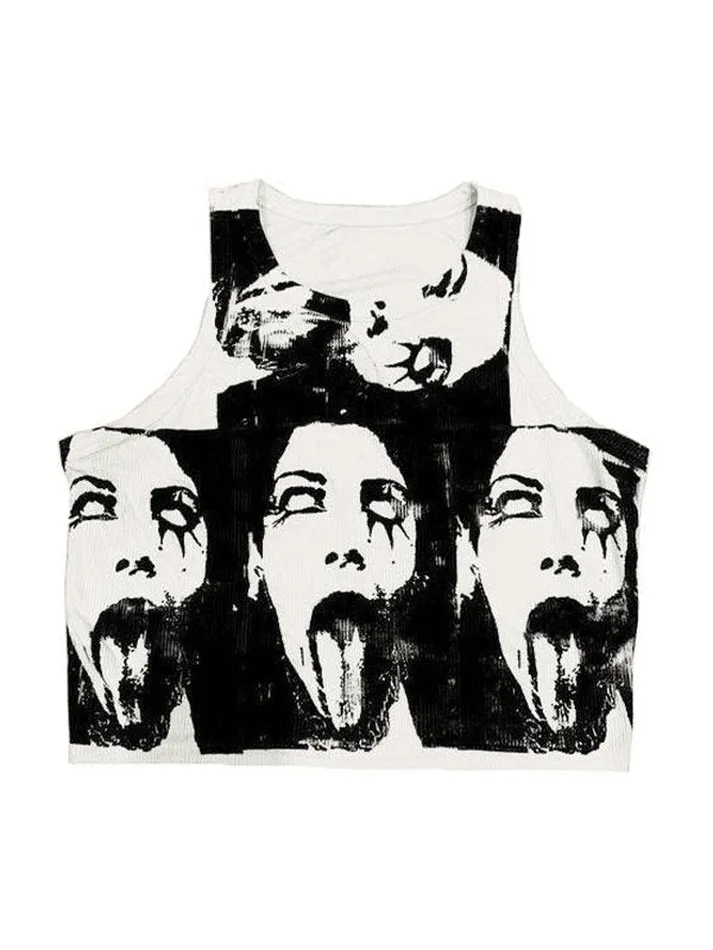 Funny Face Print Cropped Tank Top