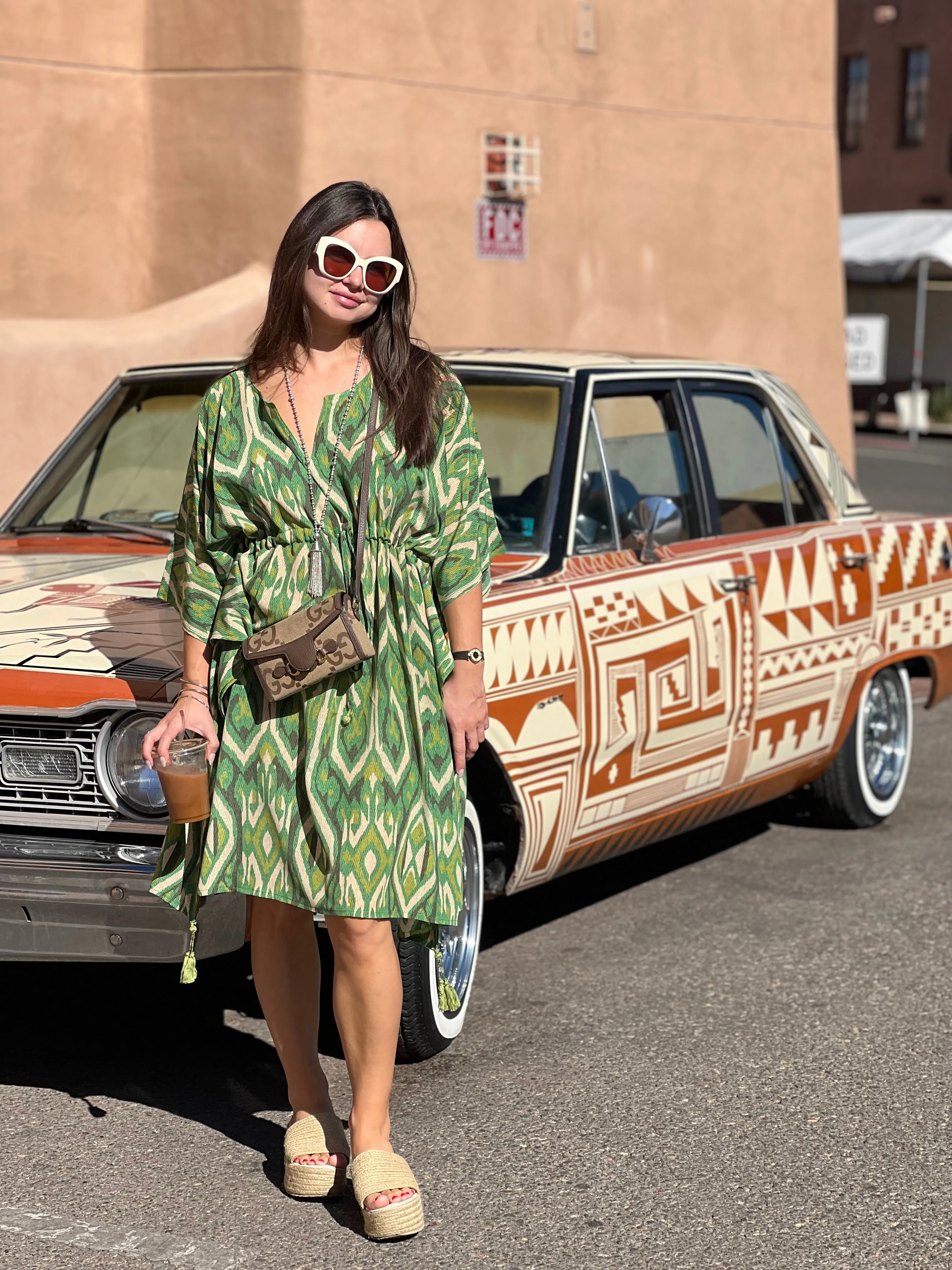 Gallipoli Green Ikat Italian Silk Midi Kaftan