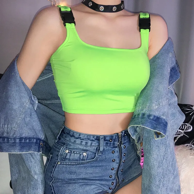 Glow in the Dark Green Casual Buckle Strap Crop Top Tank