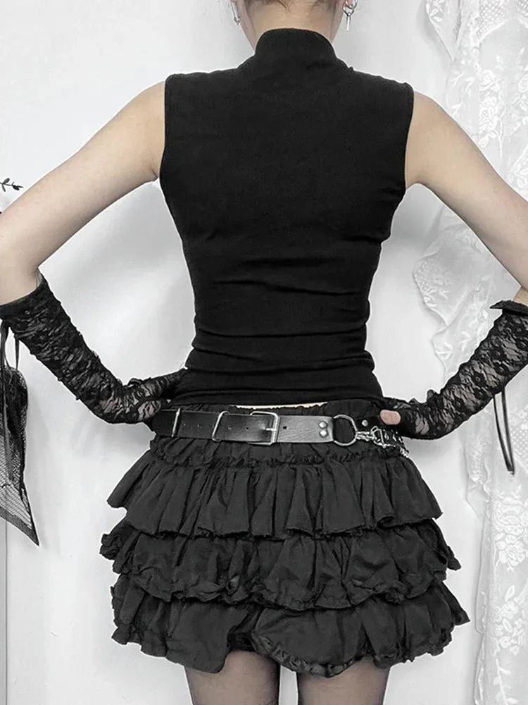 Gothic Crop See Dark Grunge Through Patchwork Mesh Alternative Cross Top