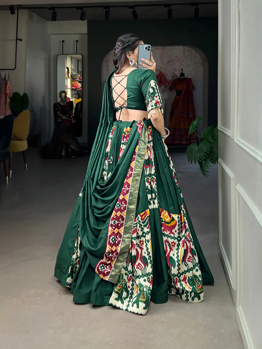 Green Rayon Printed Silk Lehenga Choli with Gota Patti & Cowrie Detailing