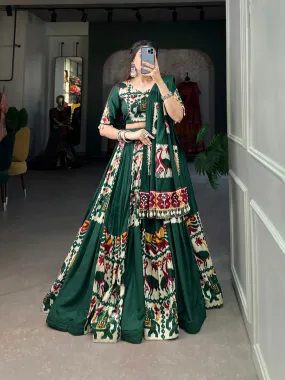 Green Rayon Printed Silk Lehenga Choli with Gota Patti & Cowrie Detailing