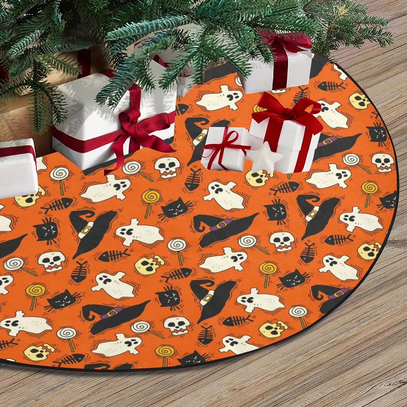 Halloween Tree Skirt, Orange Black Cat Ghosts Christmas Stand Base Cover Home Decor Decoration All Hallows Eve Creepy Spooky Party