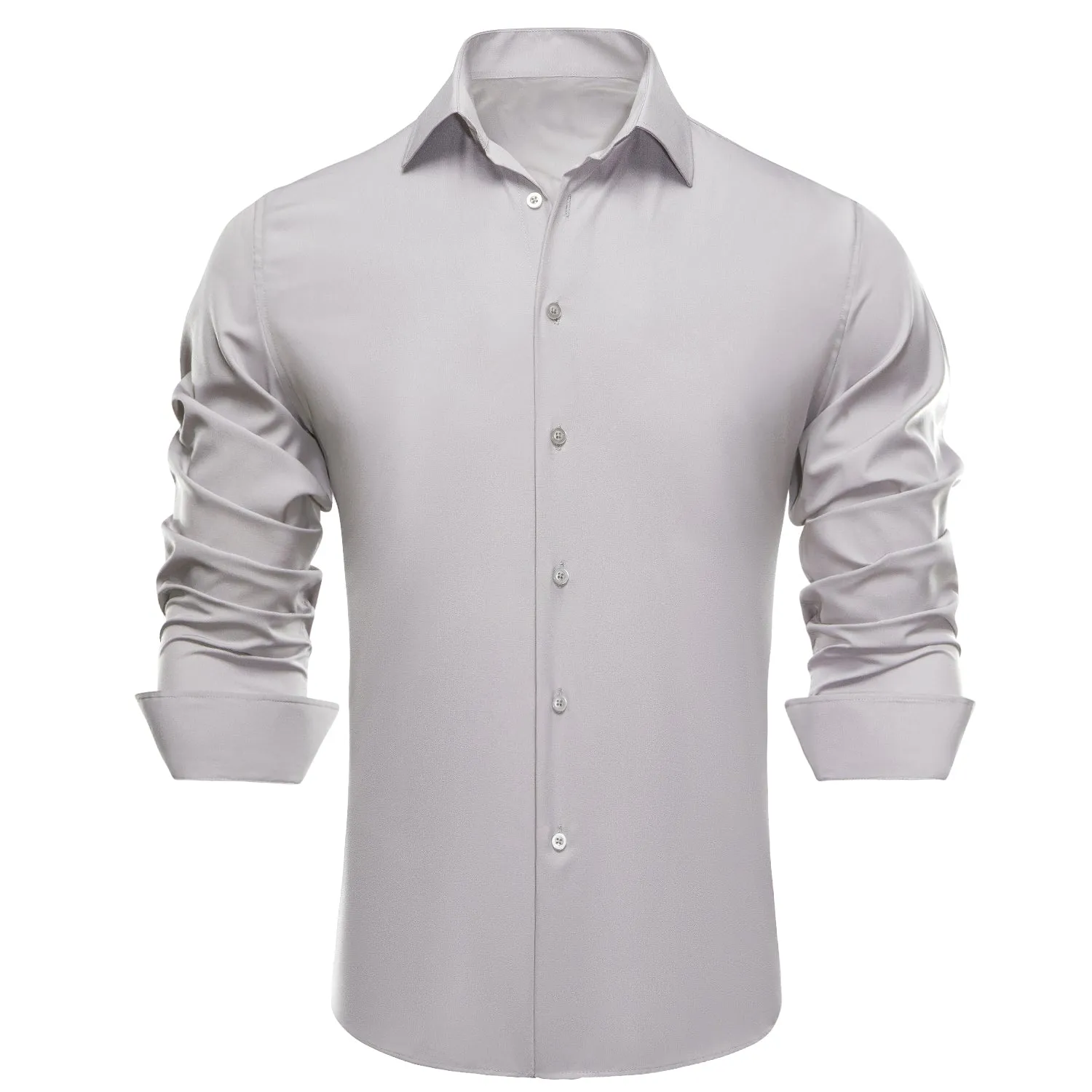 Hi-Tie Light Gray Dress Shirt Luxury Grey Solid Mens Long Sleeve Shirt