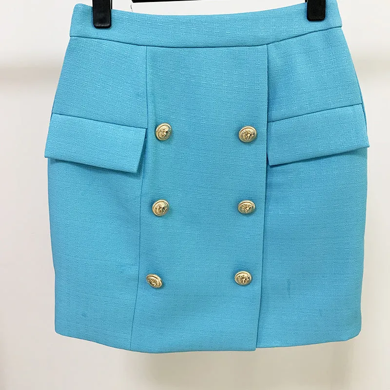 Hight Waisted Blue Formal Skirt Gold-tone Mini Skirt for Ladies