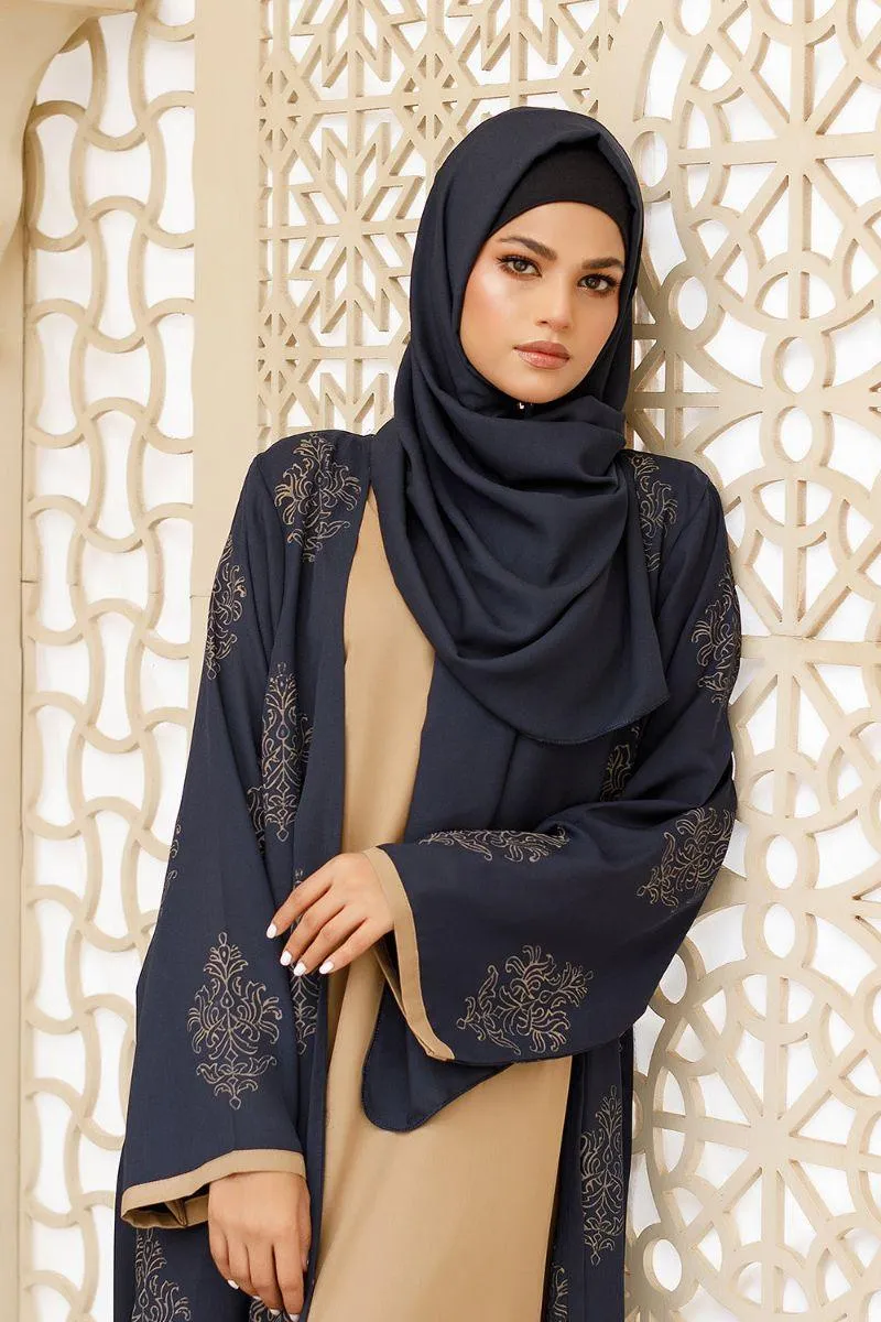 Hijabi - Deep indigo Abaya - Royal Blue & Caramel