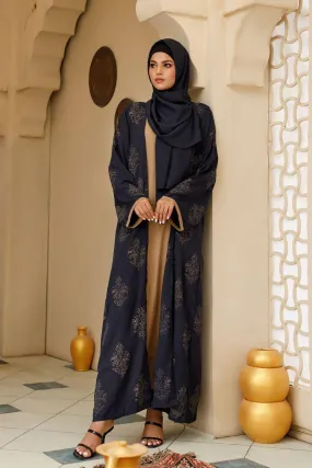 Hijabi - Deep indigo Abaya - Royal Blue & Caramel