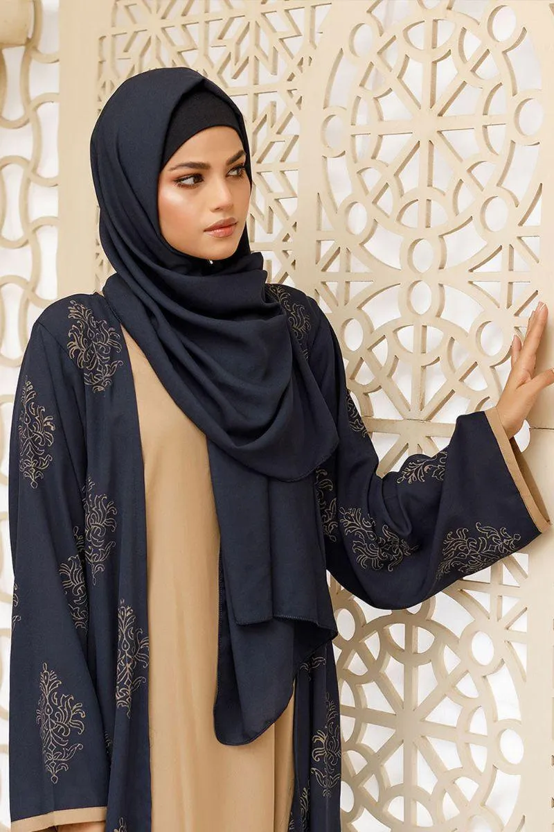 Hijabi - Deep indigo Abaya - Royal Blue & Caramel