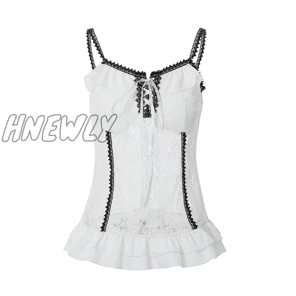 Hnewly Retro Grunge Cami Tank Top Low Cut White Lace Transparent Ruffles Hem Sleeveless Vest E-girl Punk Harajuku Emo Alt Clothes