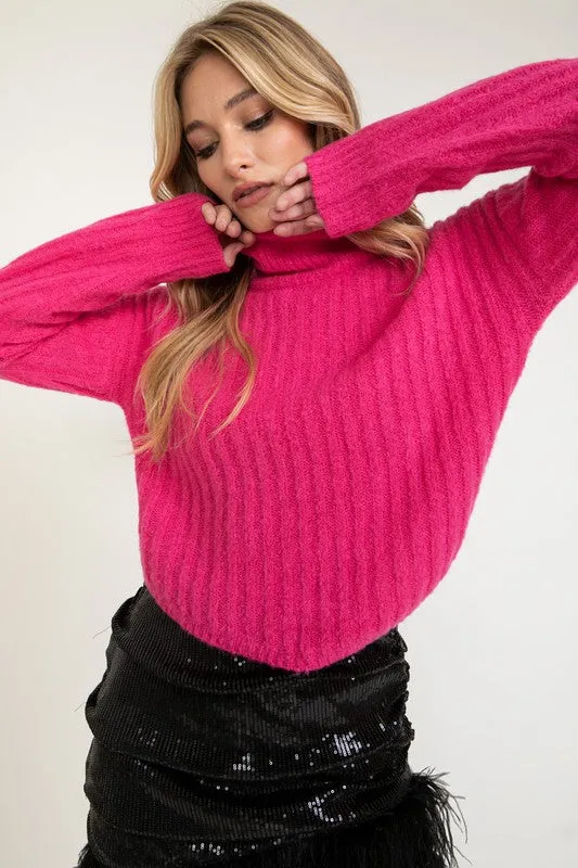 Hot Pink Cropped Turtle Neck Ribbed Sweater