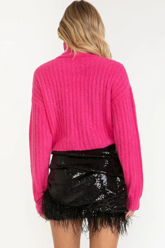 Hot Pink Cropped Turtle Neck Ribbed Sweater