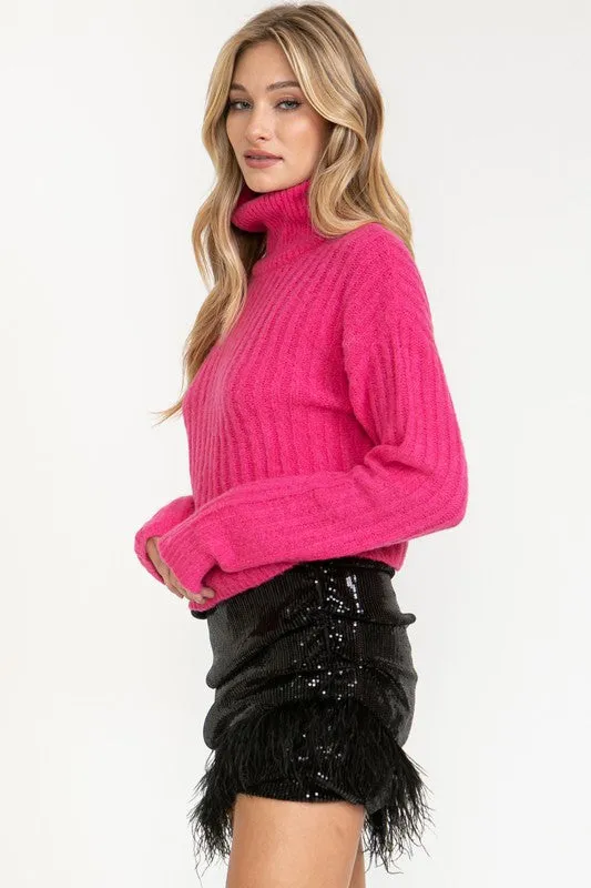 Hot Pink Cropped Turtle Neck Ribbed Sweater