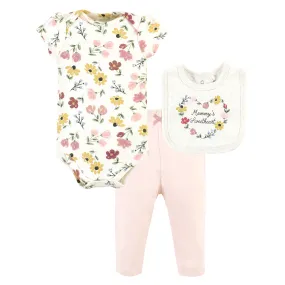 Hudson Baby Cotton Bodysuit, Pant and Bib Set, Soft Painted Floral