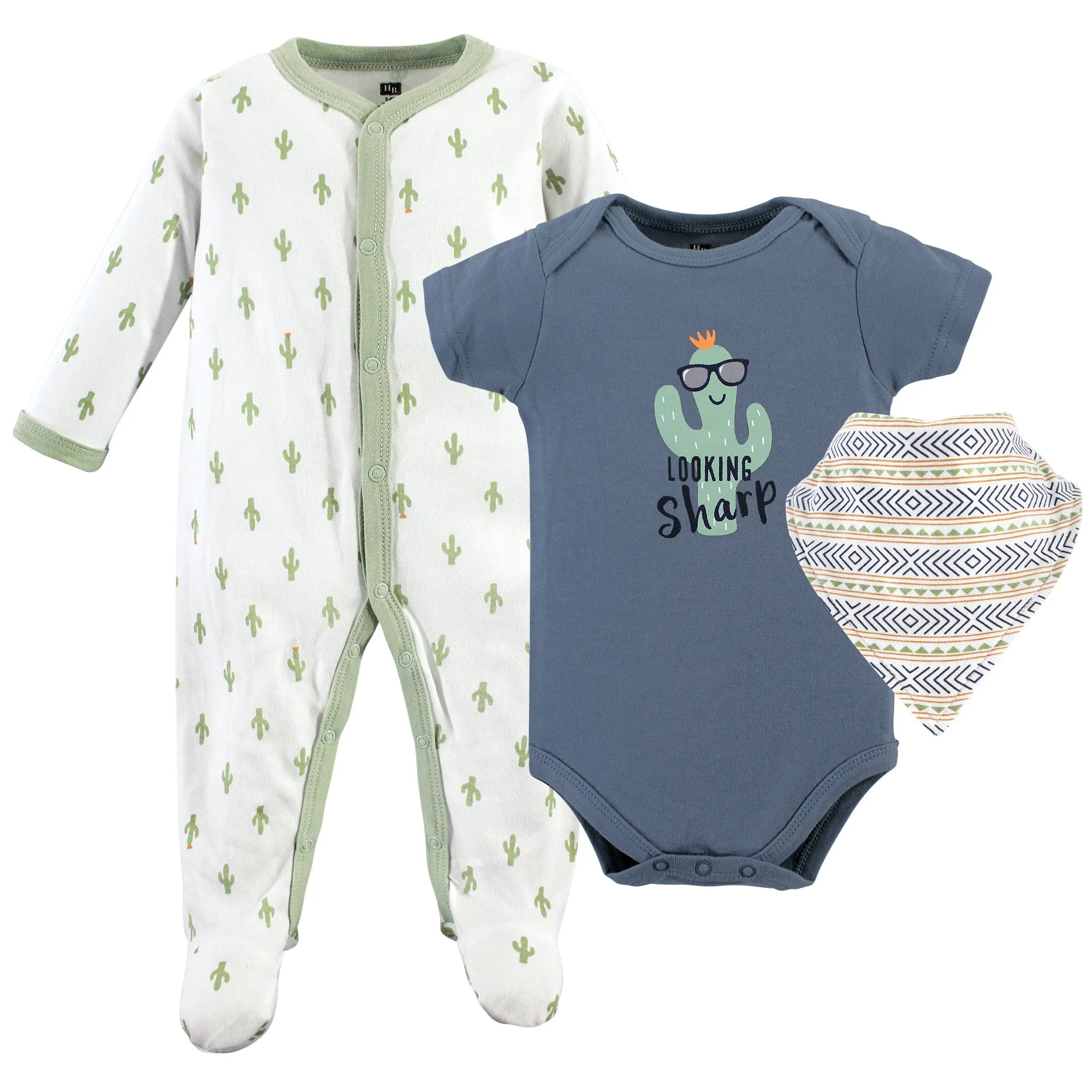 Hudson Baby Cotton Sleep and Play, Bodysuit and Bandana Bib Set, Cactus