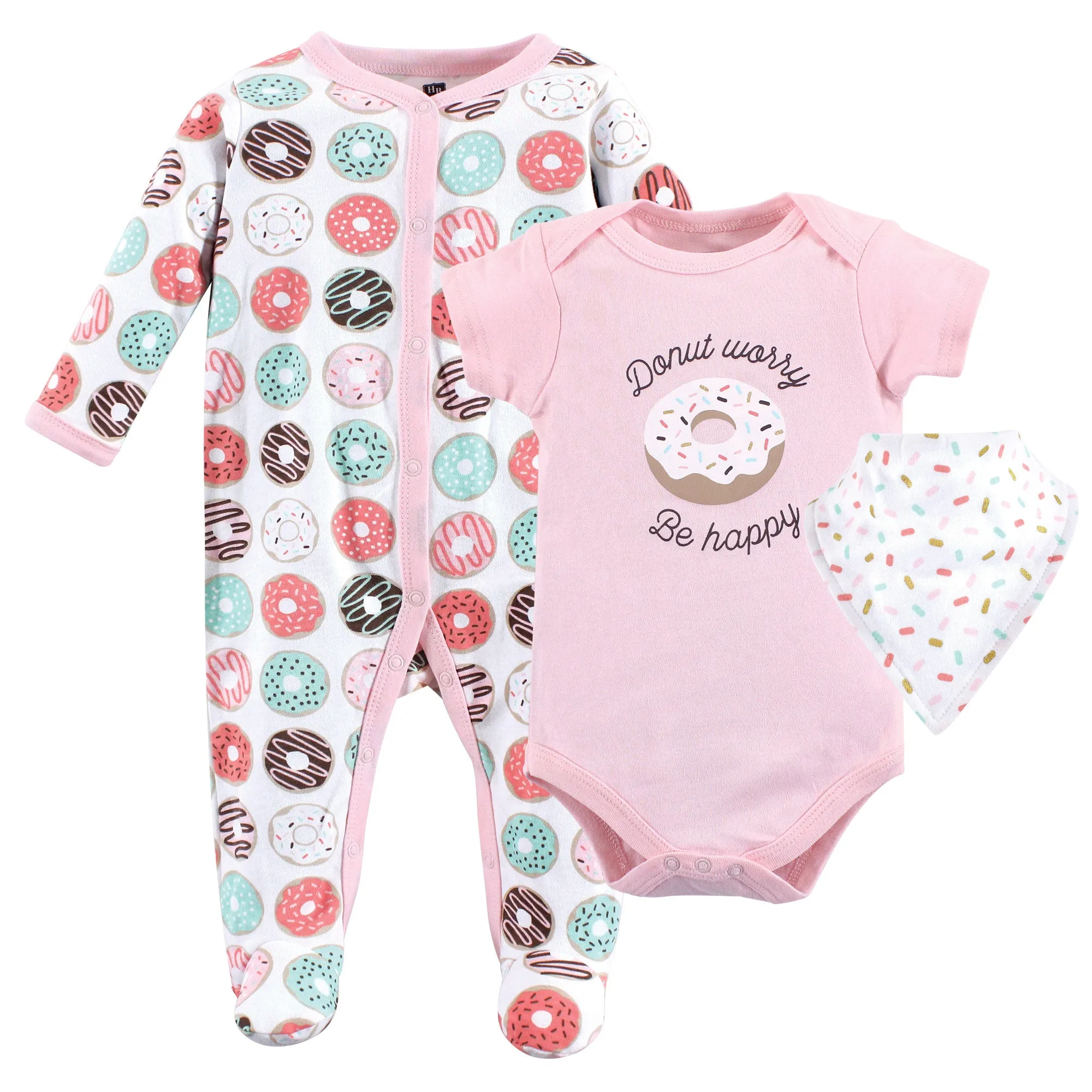 Hudson Baby Cotton Sleep and Play, Bodysuit and Bandana Bib Set, Donut Worry