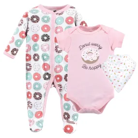 Hudson Baby Cotton Sleep and Play, Bodysuit and Bandana Bib Set, Donut Worry