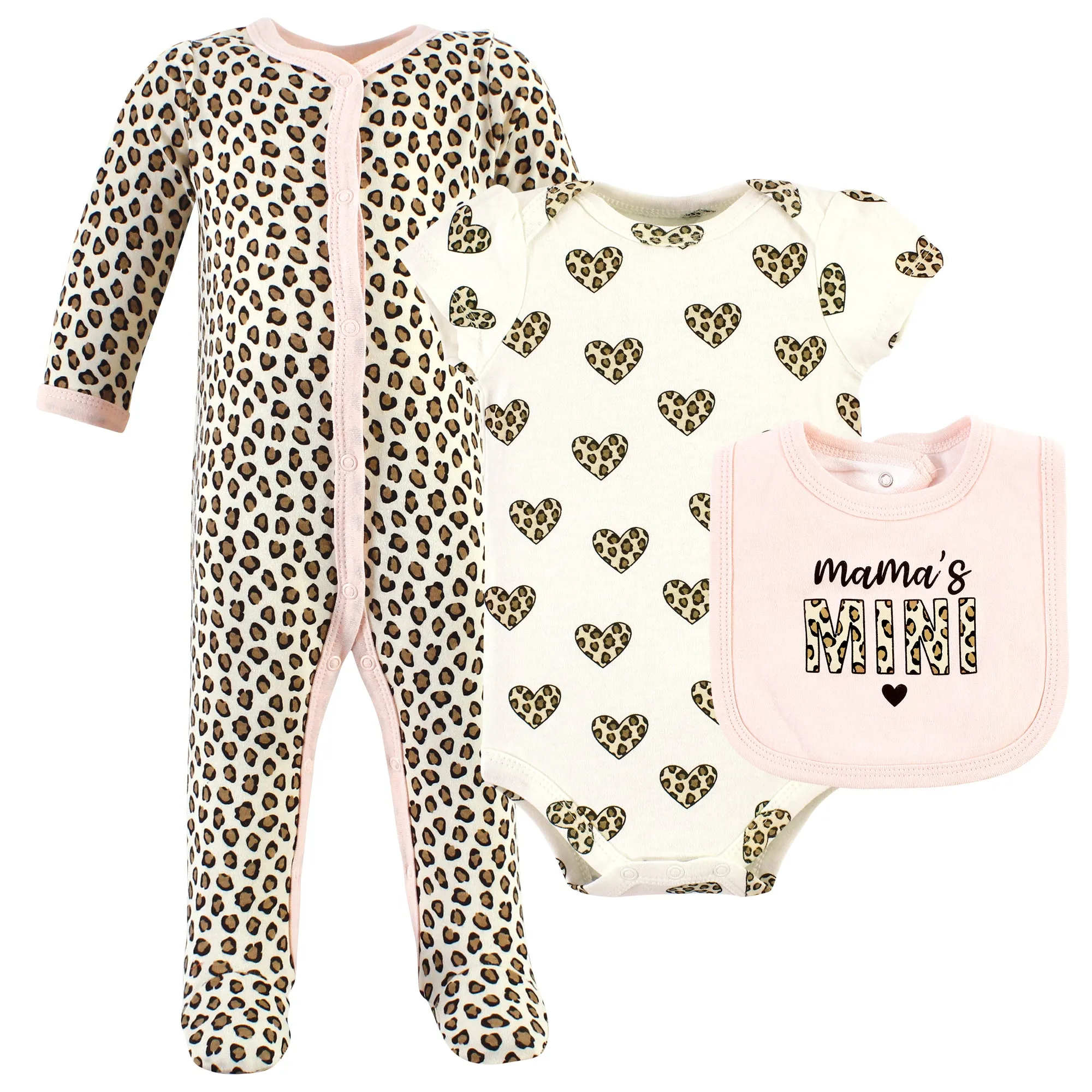 Hudson Baby Cotton Sleep and Play, Bodysuit and Bandana Bib Set, Leopard Hearts