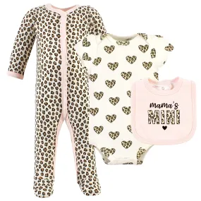 Hudson Baby Cotton Sleep and Play, Bodysuit and Bandana Bib Set, Leopard Hearts