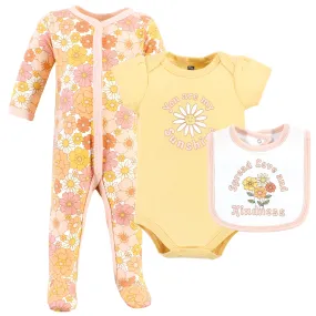 Hudson Baby Cotton Sleep and Play, Bodysuit and Bandana Bib Set, Peace Love Flowers