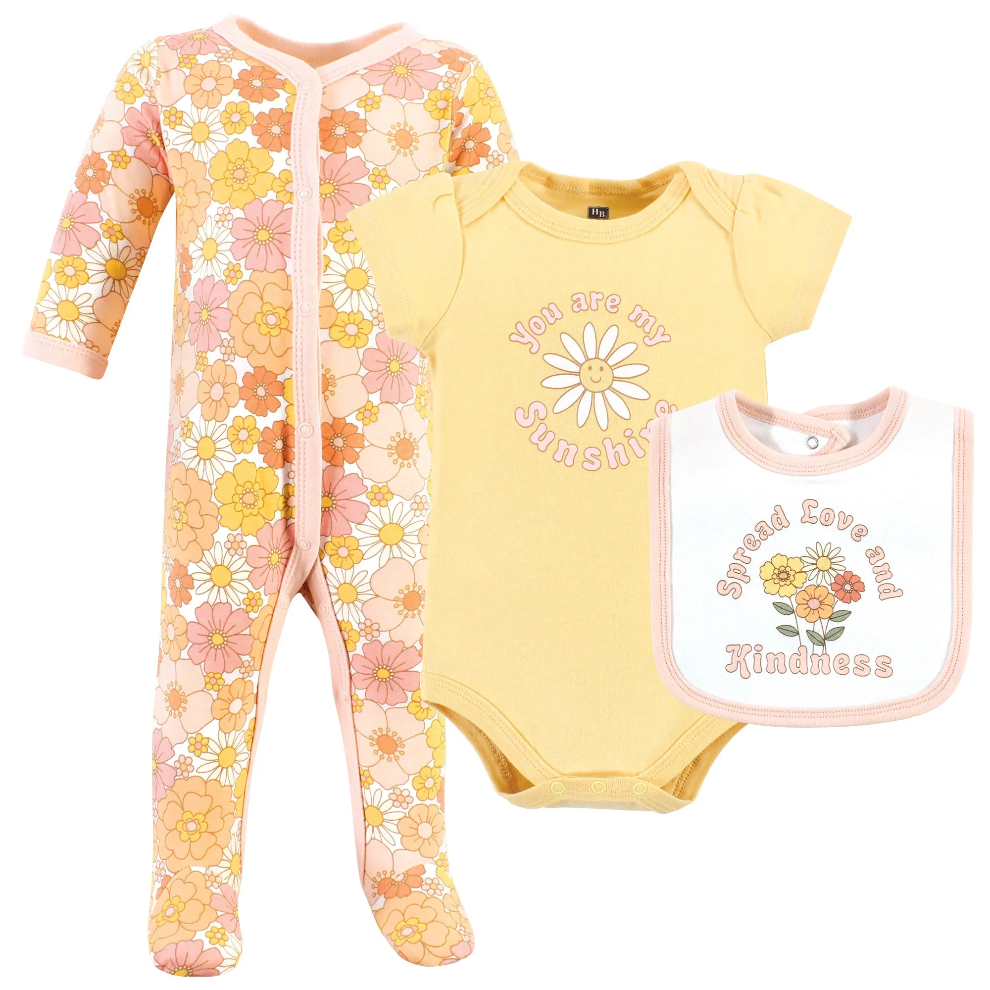 Hudson Baby Cotton Sleep and Play, Bodysuit and Bandana Bib Set, Peace Love Flowers