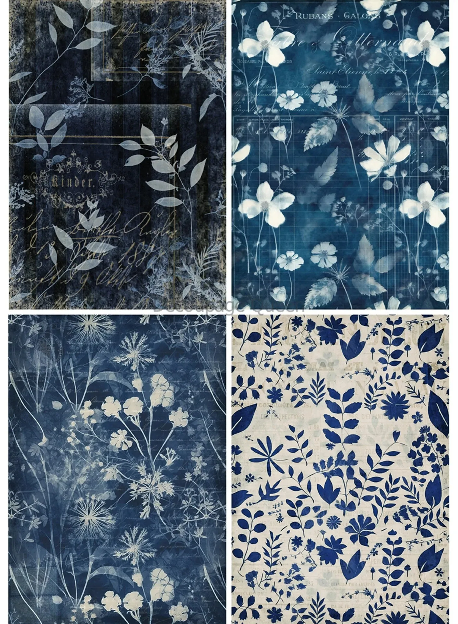 Indigo Botanical 4 - A3 11.7 x 16.5 Rice Paper by Decoupage Queen